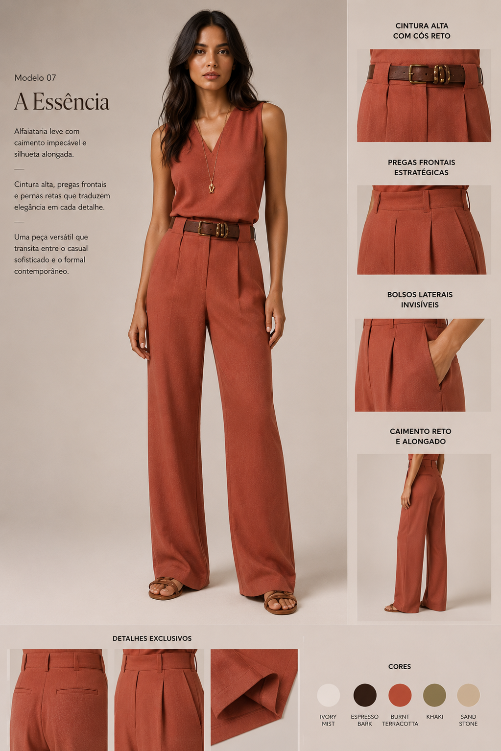 Calça A Essência — Alfaiataria Reta Longa na cor Burnt Terracotta — Voobel