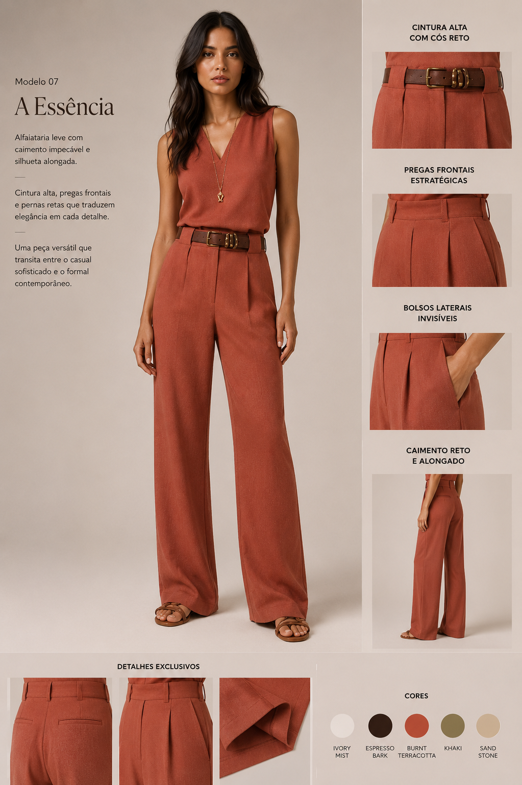 Calça A Essência — Alfaiataria Reta Longa na cor Burnt Terracotta — Voobel