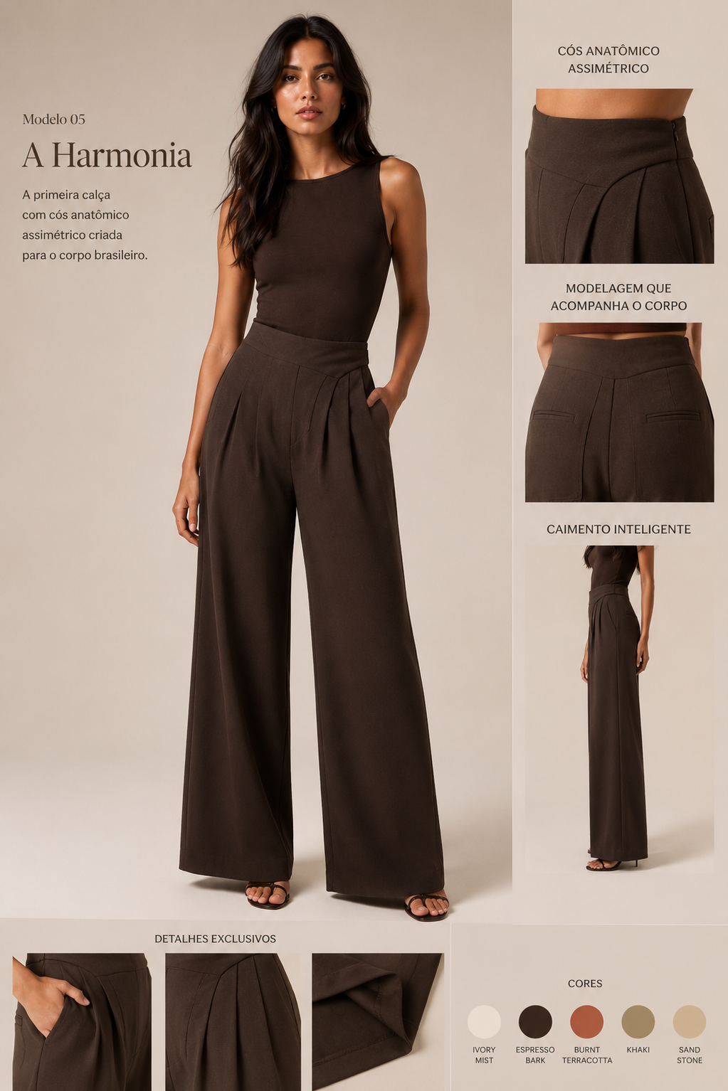 Calça A Harmonia — Cós Anatômico na cor Espresso Bark — Voobel