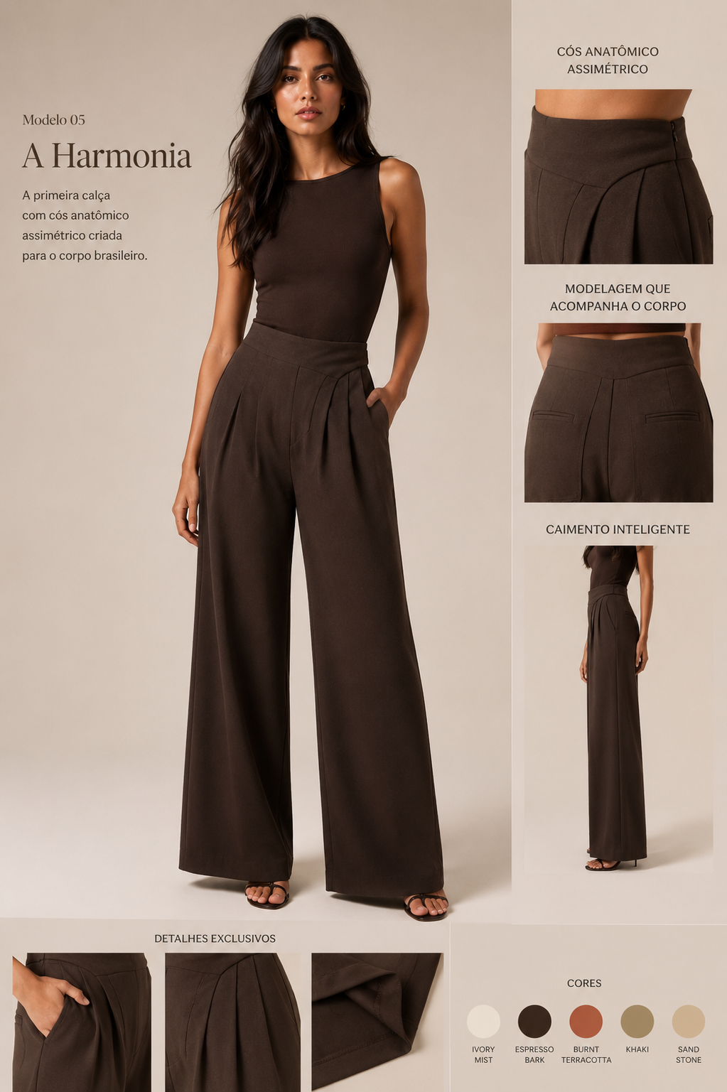 Calça A Harmonia — Cós Anatômico na cor Espresso Bark — Voobel